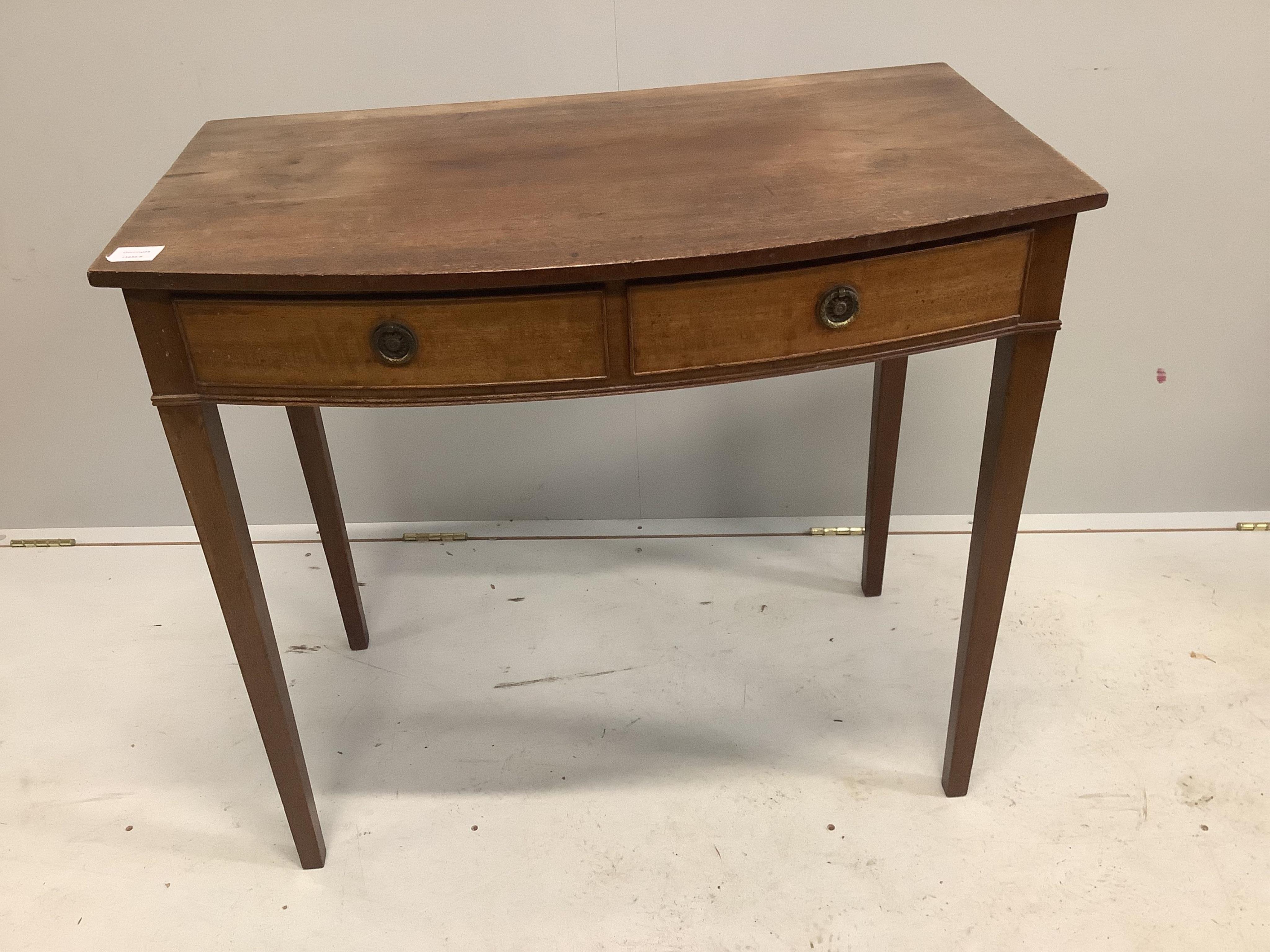 A Regency mahogany bowfront side table, width 86cm, depth 51cm, height 78cm. Condition - fair